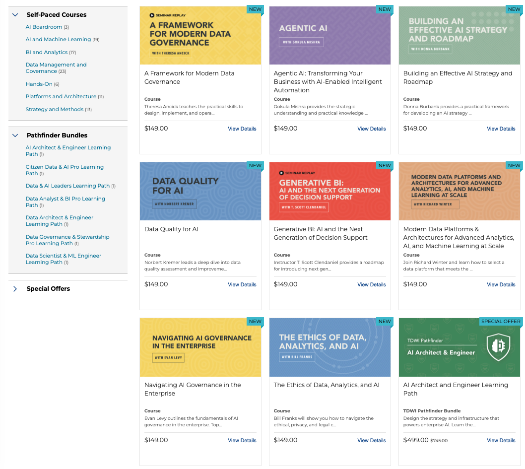 The TDWI course catalogue and Pathfinder role-based learning paths