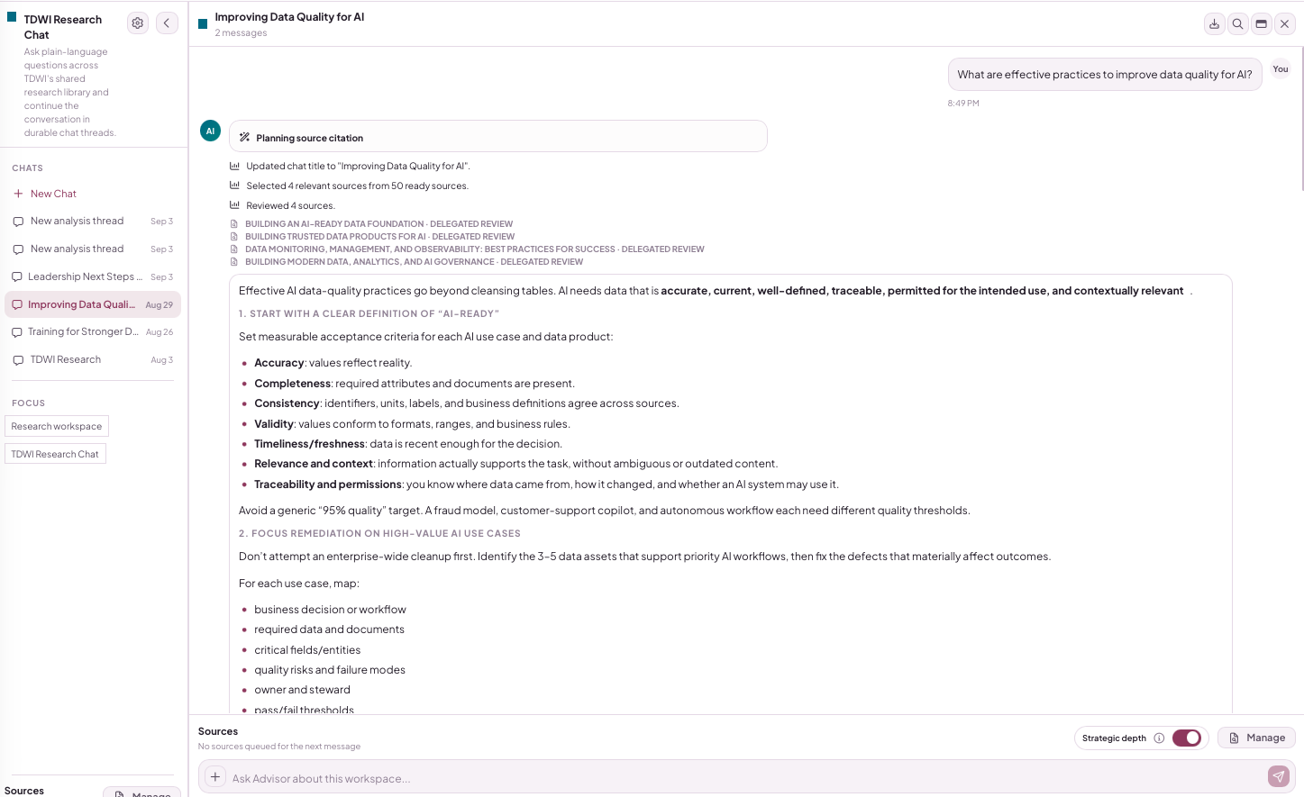 The TDWI Research Chat interface answering a question on data quality for AI, listing the four TDWI reports it cited.